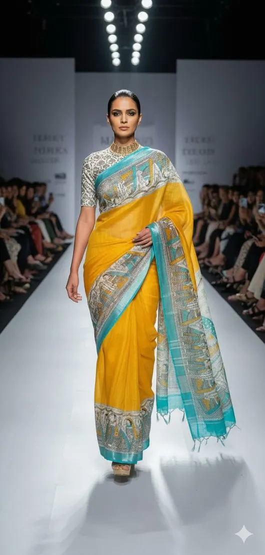 Soft Slub Cotton Madhubani Hand-Printed Saree with Striped Design & Jari Pallu